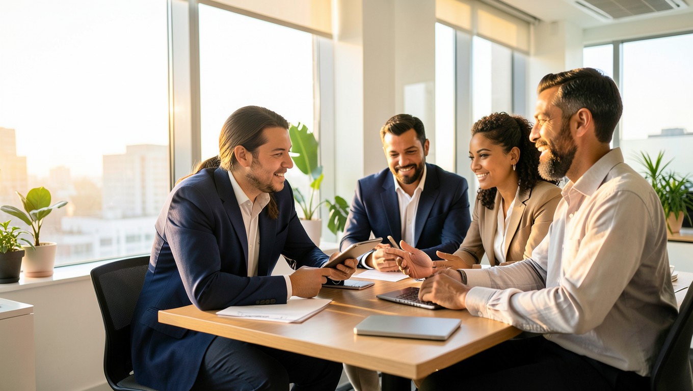 Asesores financieros conversando con sus clientes en una oficina luminosa
